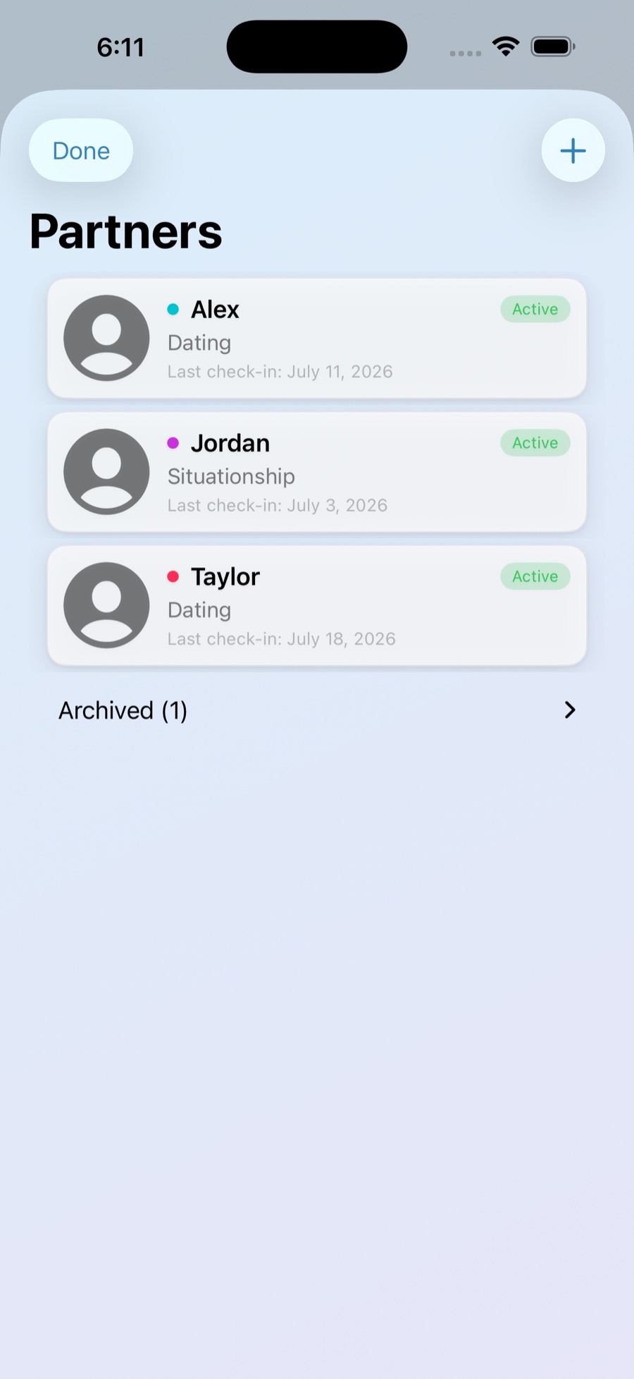 Parallel Journal Partners list on iPhone showing Alex, Jordan, and Taylor with relationship type and status.