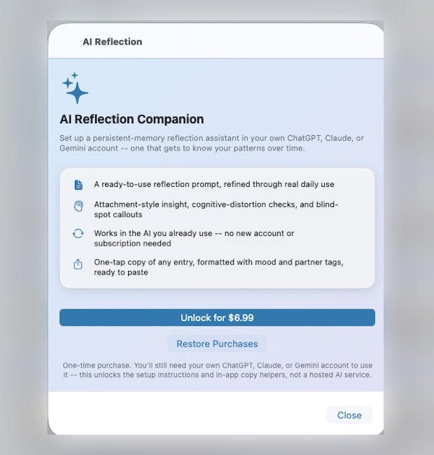 The AI Reflection Companion unlock screen in Parallel Journal, listing the reflection prompt, attachment and cognitive-distortion insight, and one-tap entry copying.