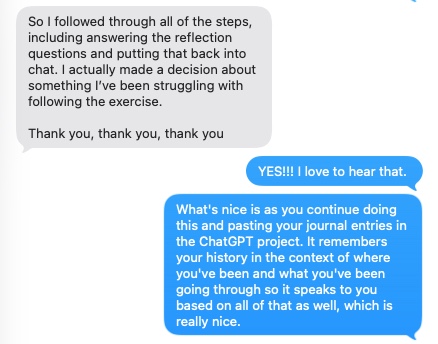 Text message from a Parallel Journal user describing their experience using AI Reflection Companion.